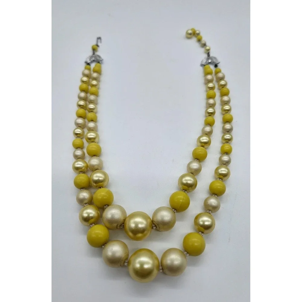 Vintage TWO Strand Necklace Signed‎ Japan Yellow Beads Hook Closure 17